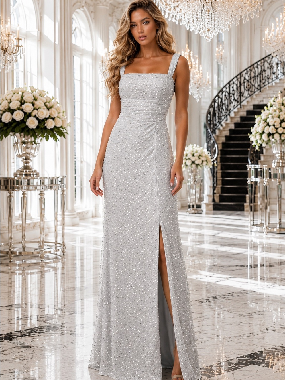 NWT Soft Gray White Pearl Sequin Formal Gown Sz 10 Military Gala Wedding Guest